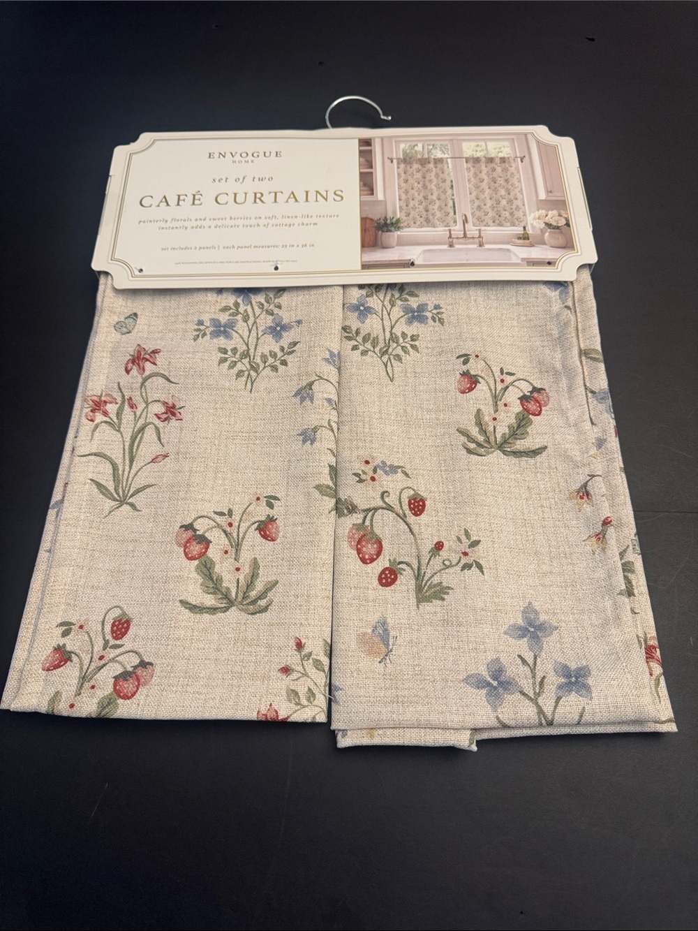 2pc ENVOGUE Café Curtains in Beige with Red Strawberry & Blue Floral Print Set